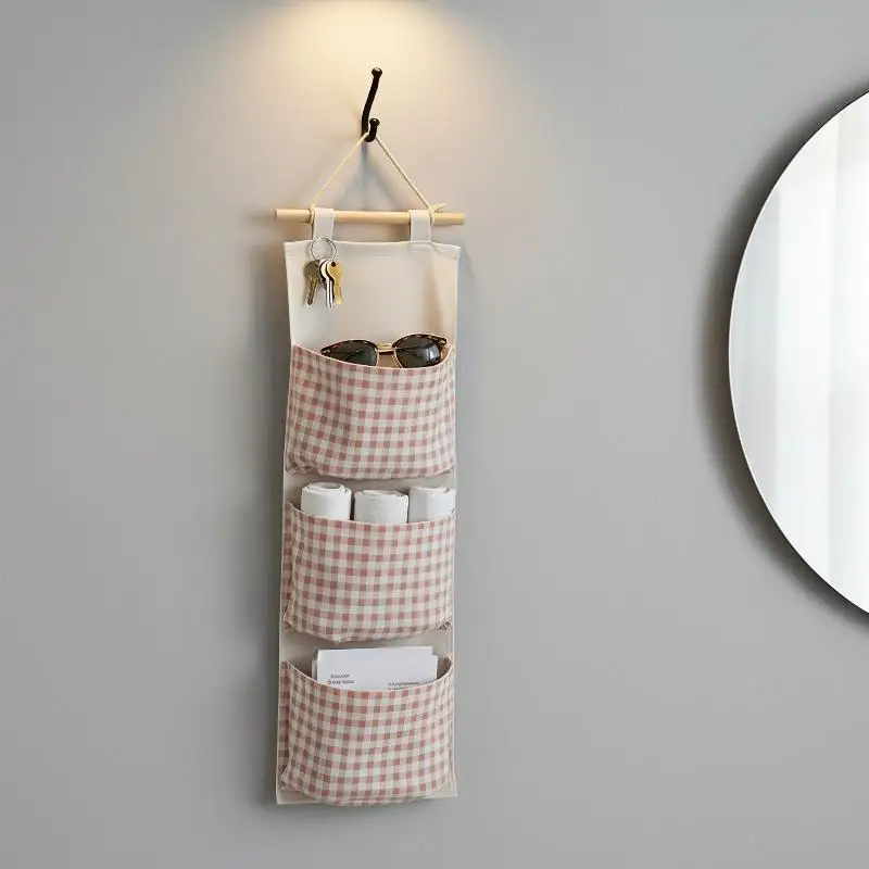 Wall Mount Pink Canvas Storage Organizer Bag Multifunctional Hanging Rack for Bedroom Books Jewelry Miscellaneous Daily Supplie