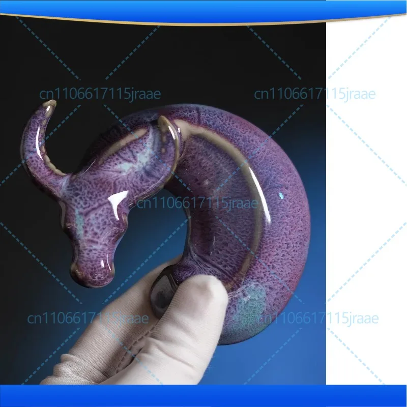 Violet mud pattern kiln change, lying cow paperweight, Jun porcelain ornament