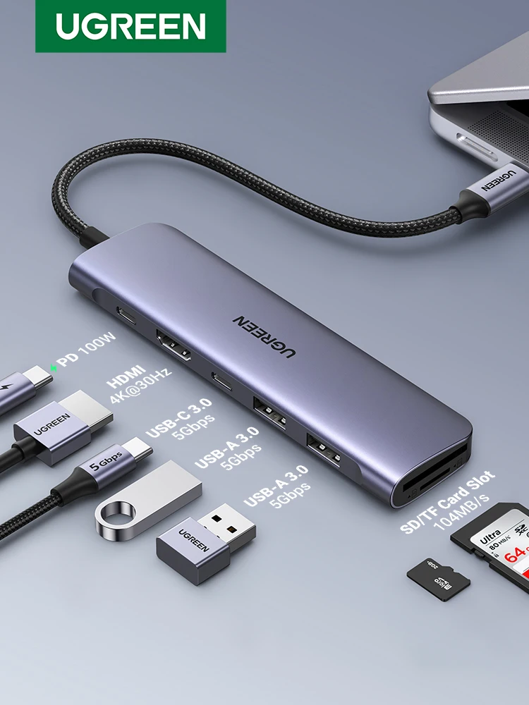 UGREEN USB C HUB 7 w 1 Dock 4K HDMI 100W PD USB-C i 2xUSB-A 5Gbps Porty danych Czytnik kart SD/TF do laptopa MacBook Pro/Air Dell — zdjęcie produktu 7