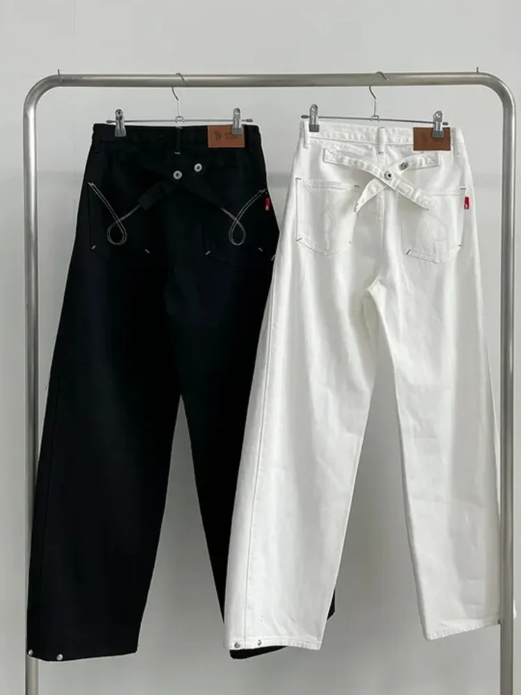 ريترو صيف جديد شيك فضفاض عالية الخصر مستقيم الساق الدينيم الجينز المرأة الخريف الربط مشرق خط تصميم عادية مريحة #5