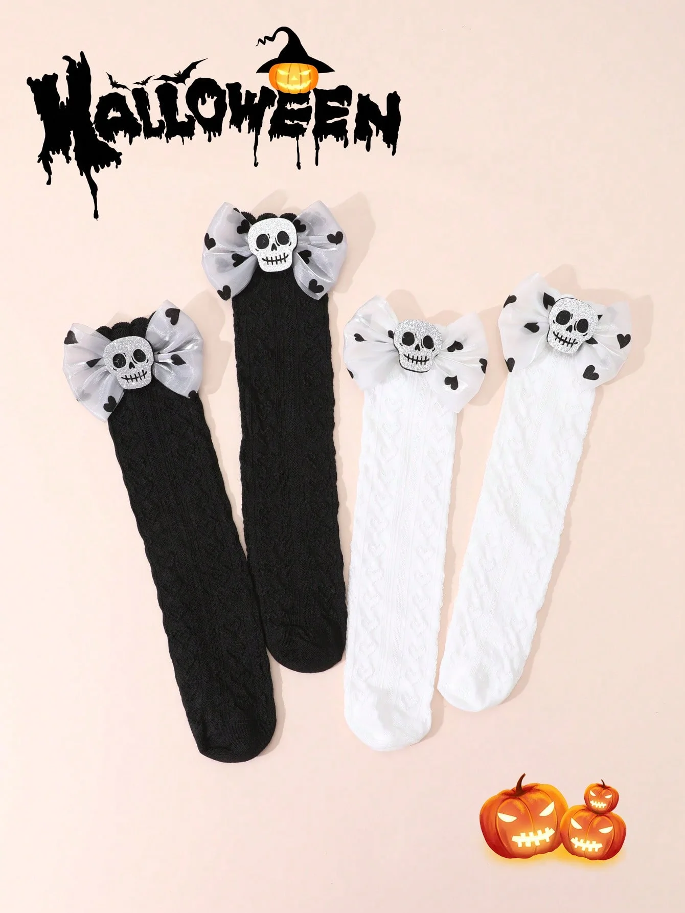 

2 Pairs Girls Socks with Shiny Skull Heart-Shaped Bow Decoration,Fashionable Soft Cute Stockings Suitable for Halloween Matching