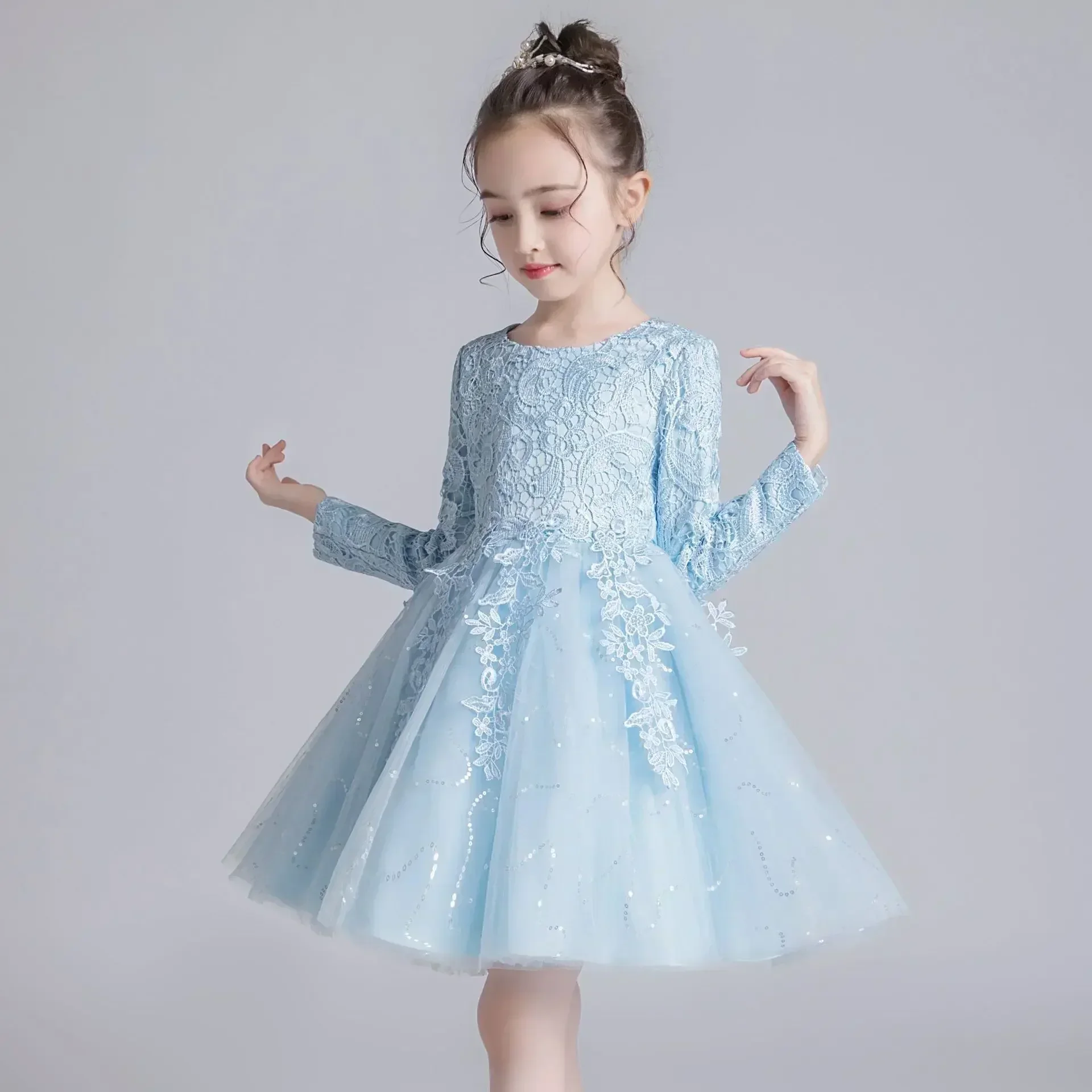 Fashion Girls Dresses for Party and Wedding Lace Long Sleeve Flower Girl Dresses Spring Kids Bridesmaid Dress 3-12years Vestido