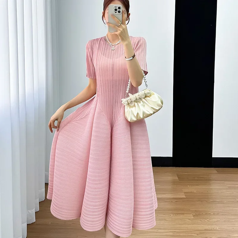 

Y2k Pleated Women's Dress Bubble Short-sleeved Loose Slim Thin Medium-length Dresses for Women 2024 Summer New