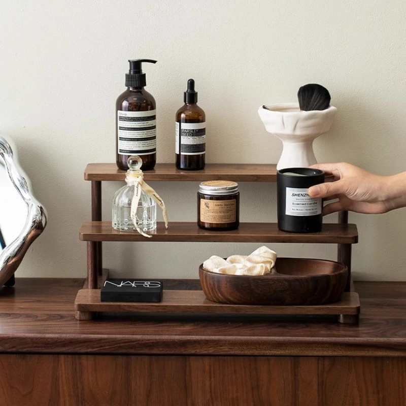 ชั้นวางน้ำหอมและเครื่องสำอางแบบหลายชั้น วอลนัท ชั้นวางจัดระเบียบเครื่องสำอาง ชั้นวางโชว์ผลิตภัณฑ์บำรุงผิว ดีไซน์สวยงามสำหรับวางบนโต๊ะในบ้าน