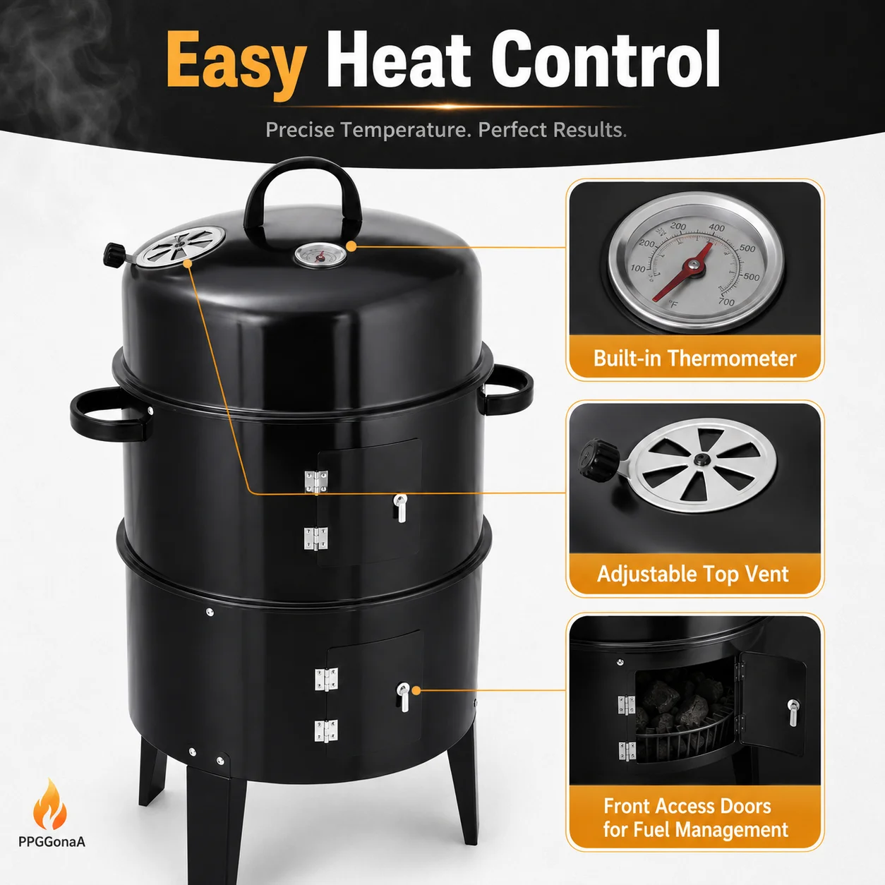 3-in-1 Vertical Charcoal Smoker Grill with Thermometer, Adjustable Air Vent, 2-Tier BBQ Cooker for Patio Camping