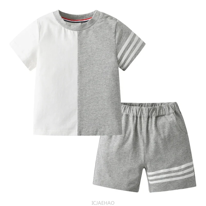 

2025 Kids Fashion Casual Style Matching Summer New Outfit Children Grey White Contrast Tshirt Shorts Stylish Sportswear Clothing