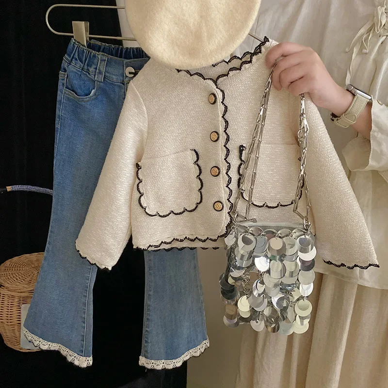 

French Style Little Girl Set 2023 Autumn Girls' Lace Cardigan Fashionable Cowboy Bell Pants Two Piece Set baby girl clothes