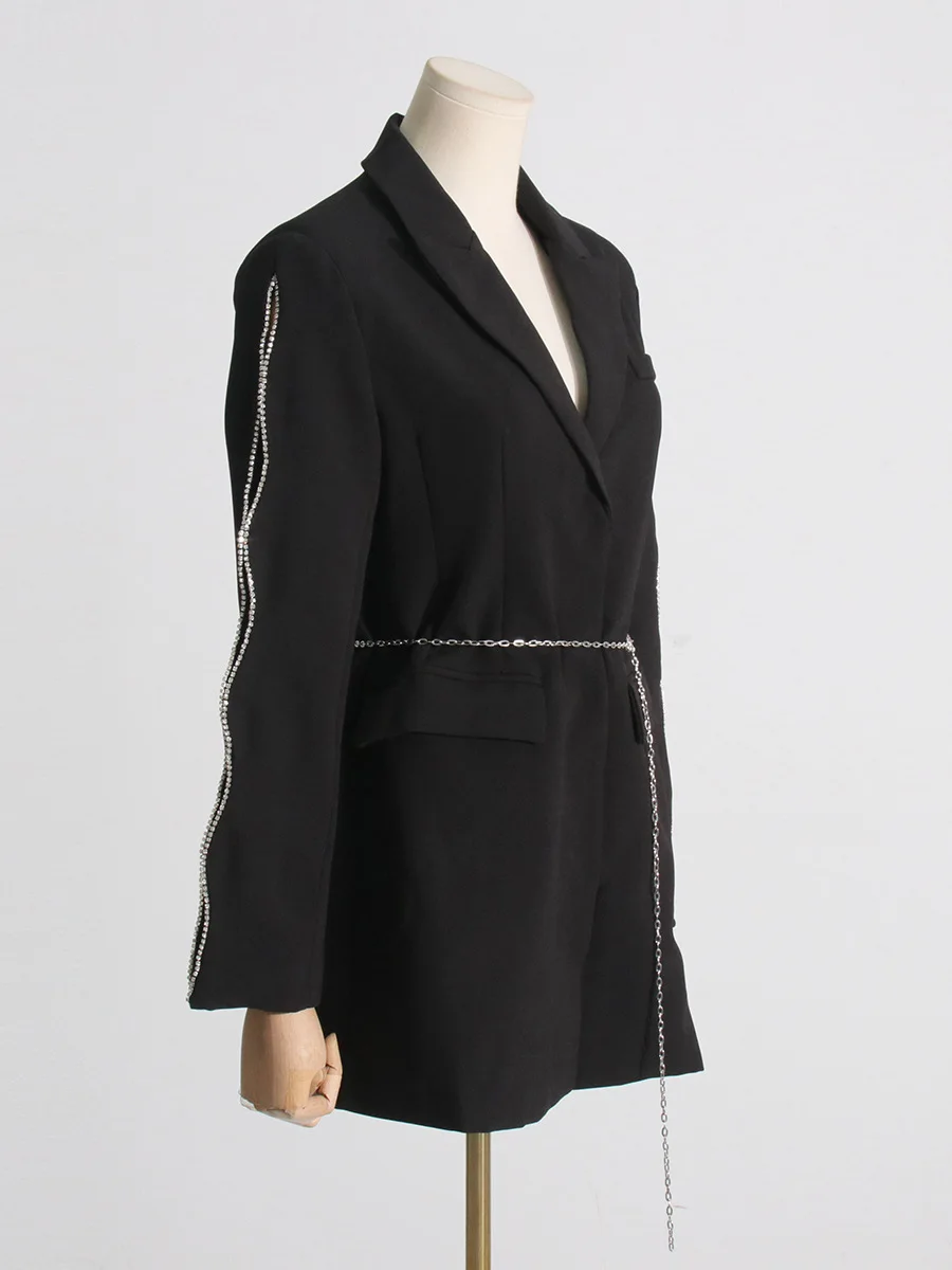 Blazer de cristais pretos feminino com cinto, casaco longo, senhora do escritório, roupa de trabalho, moda primavera, moda feminina, roupas femininas, 1 pc