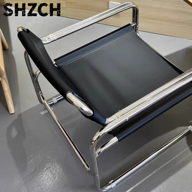 Bauhaus Style Dining Chair Minimalist Lounge Chair Scandinavian Recliner with High Back Modern Designer Saddle Leather Armchair