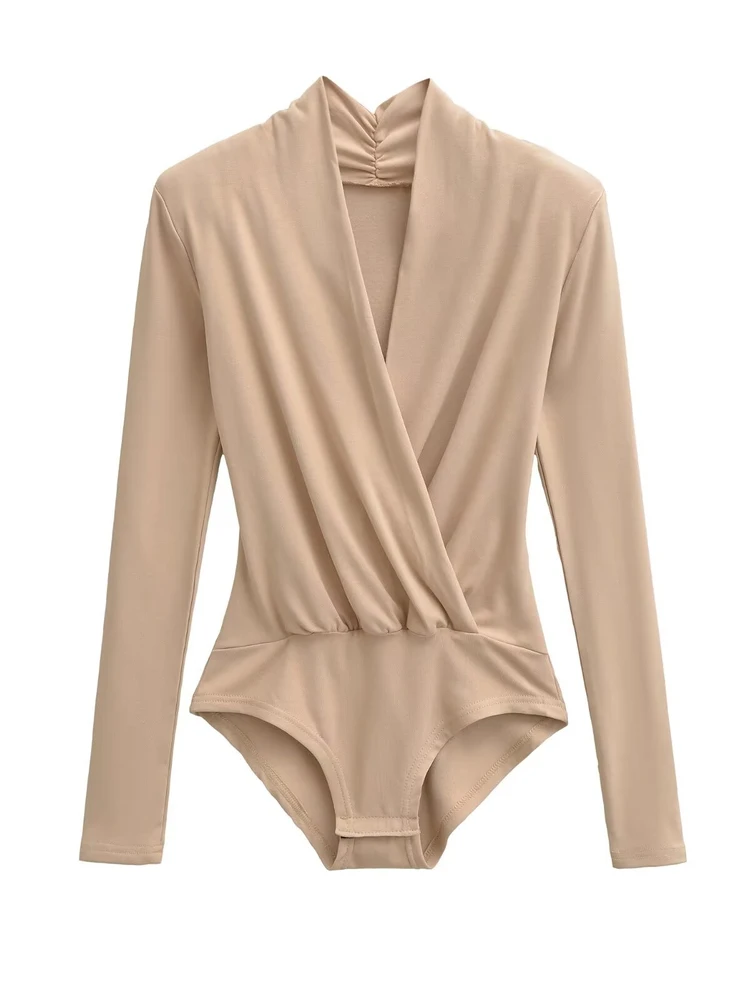 섹시한 스트레치 순수한 매력 매혹적인 소녀 접이식 브이넥 패드 숄더 긴 소매 원피스 베이스 레이어 탑 가을 겨울용