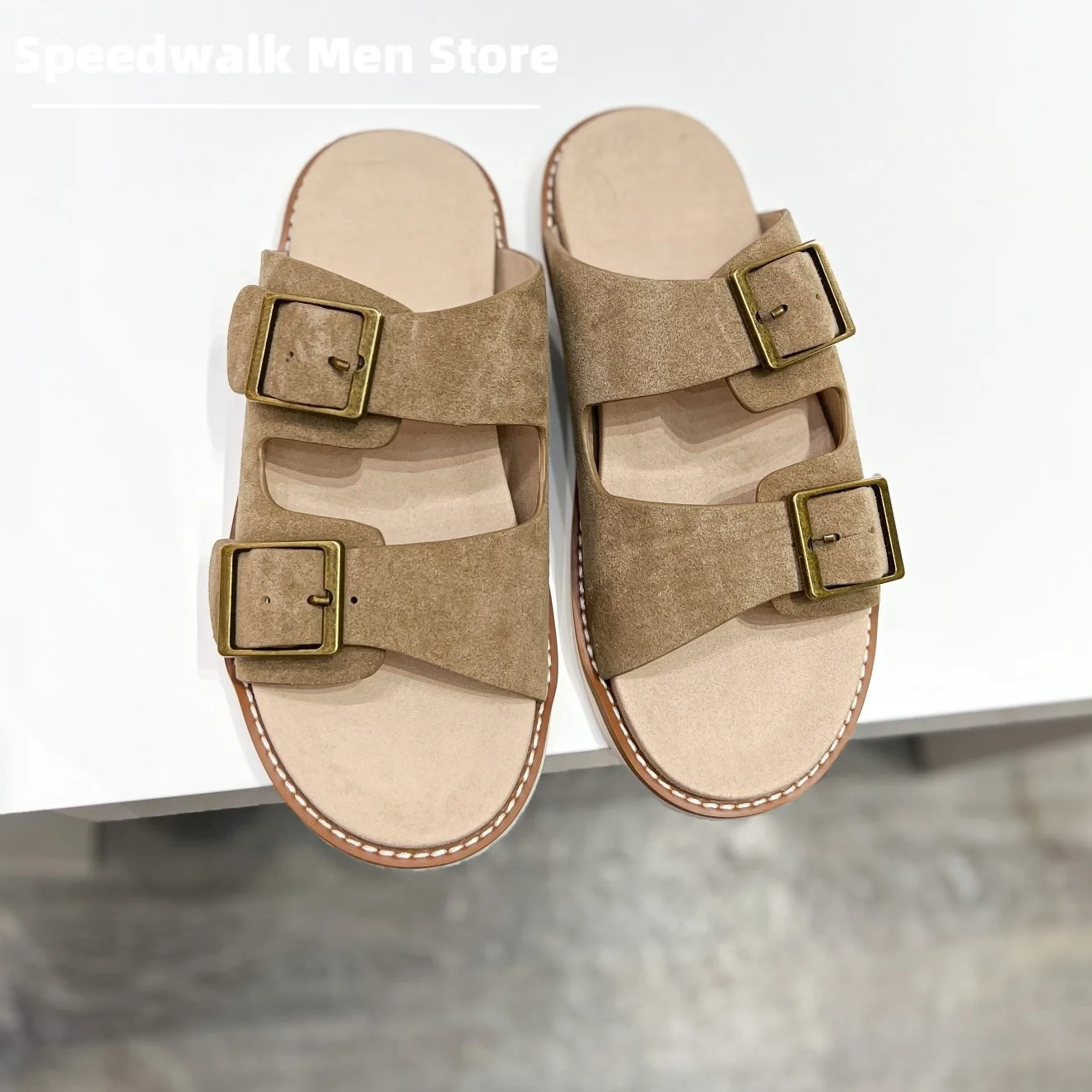 2026New Soft Suede Men Double Adjustable Buckle Slide Slippers Flat Open Toe Non Slip Comfort Summer Outdoor Beach Sandals