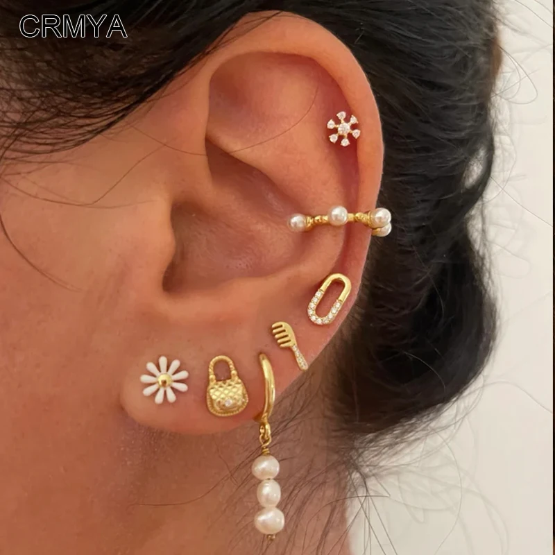 CRMYA Gold-color Stud Earrings for Women Cute Small Piercing Cubic Zirconia Imitation Pearl Earrings Set 2023 Jewelry Wholesale