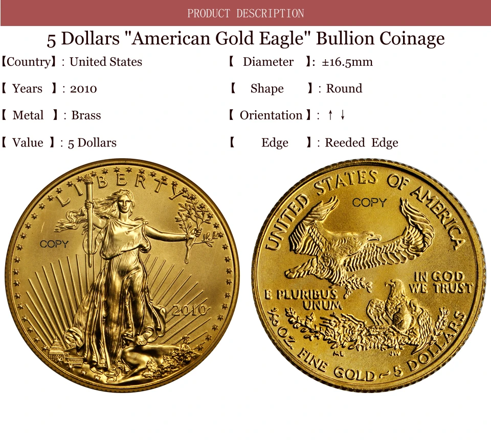 United States 2010 5 Five Dollars 1/10 ounce American Gold Eagle Bullion Coinage USA Liberty  Brass Metal Copy Coin