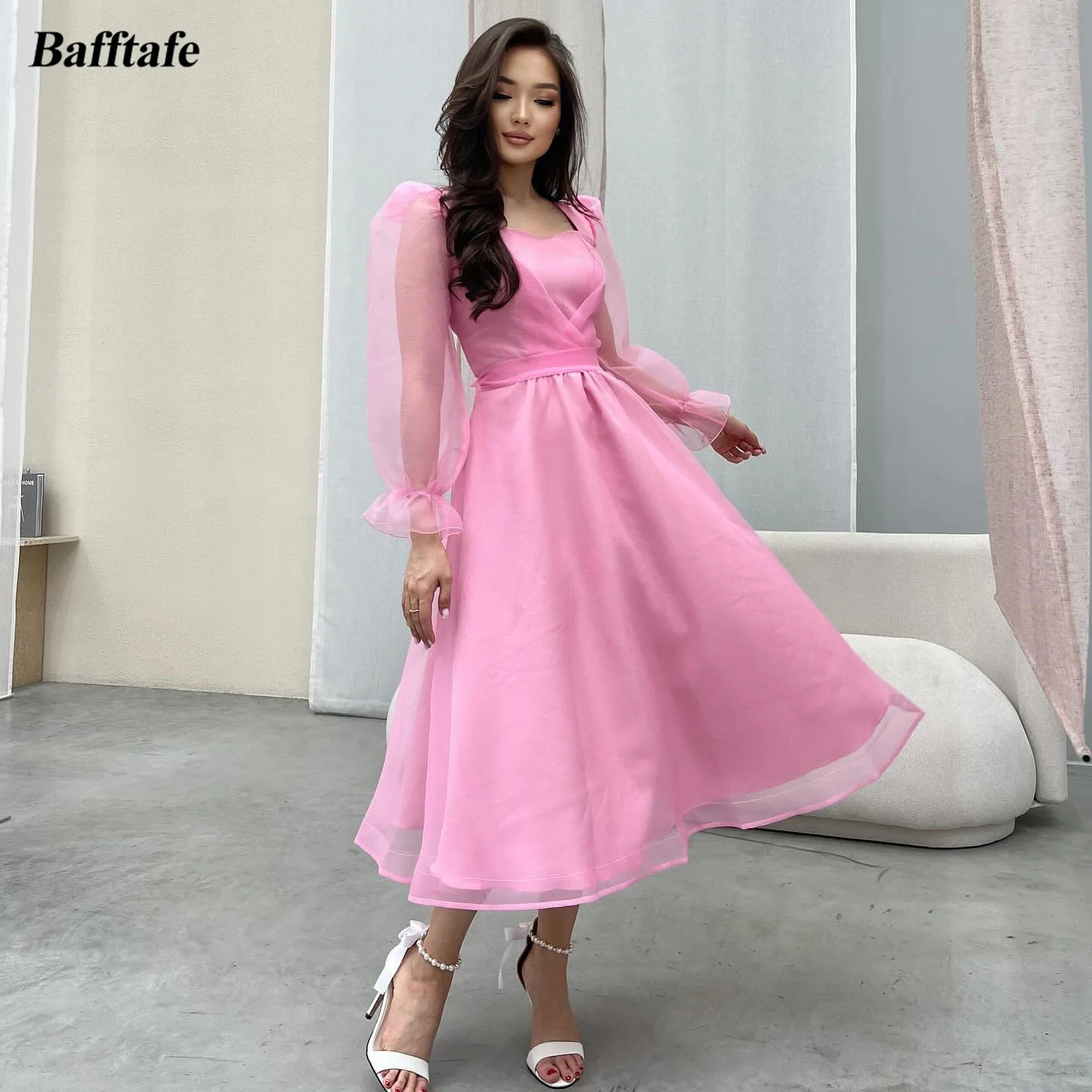 

Bafftafe Custom Made Pink Organza Prom Dresses Long Sleeves Ankle Length Midi Formal Evening Dress Women Special Occasion Gowns