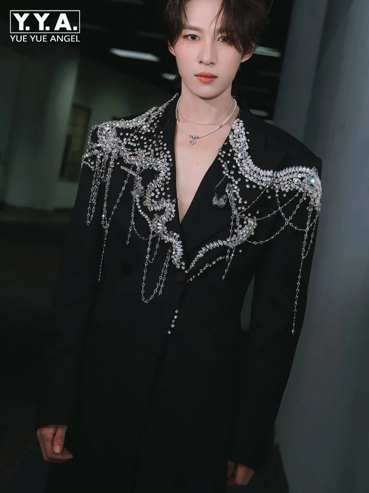 

Fashion Mens Handmade Shiny Diamonds Blazer Jacket Double Breasted Stage Show Suit Coat Luxury Designer Crystal Party Blazers