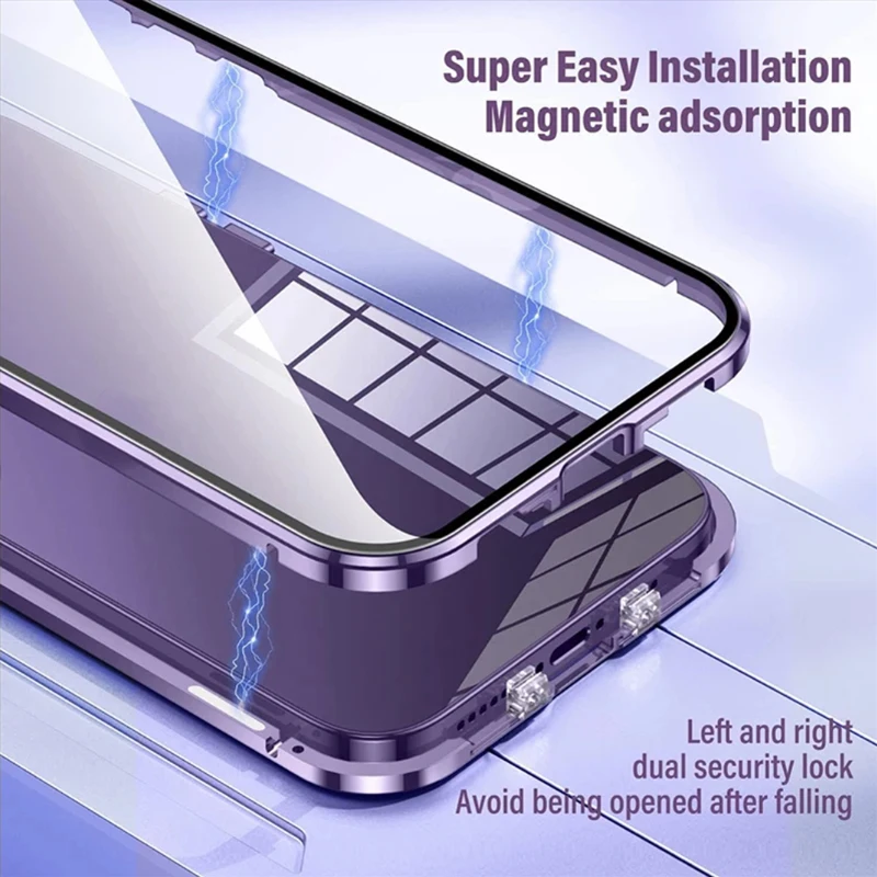 Double Sided Glass Metal Magnetic Case For iPhone 16 15 14 13 12 11 Pro Max Mini Plus Cases 360 Full Protection Snap Lock Cover
