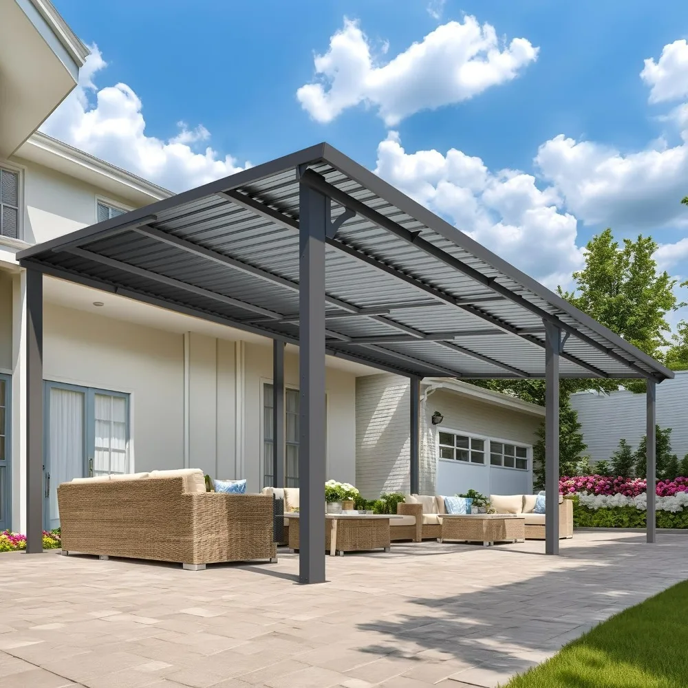 20' x 12' Outdoor Gazebo Hardtop Pergola for Patio, Large 12x20 Galvanized Steel Heavy Duty Lean to Gazebo Wall-Mounted Pergo