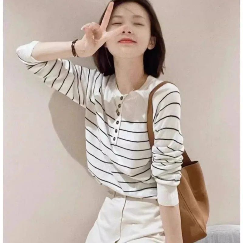 Women French Style Spring Autumn Striped Knit Top Half Button Long Sleeve Slim Inner Pullover Sweater