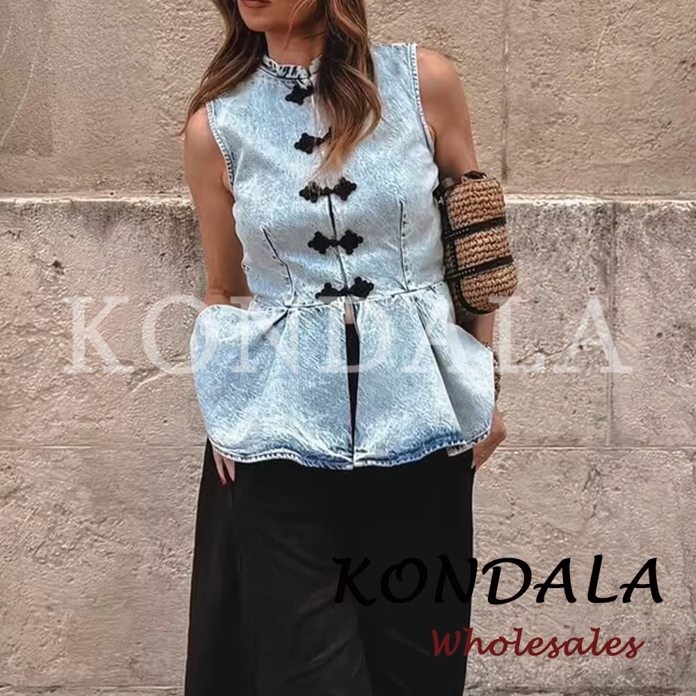 KONDALA Vintage Modern Streetwear Summer Denim Woman Vests Streetwear Sleeveless Folds Fashion 2026 Knot Folds Casual Female Top