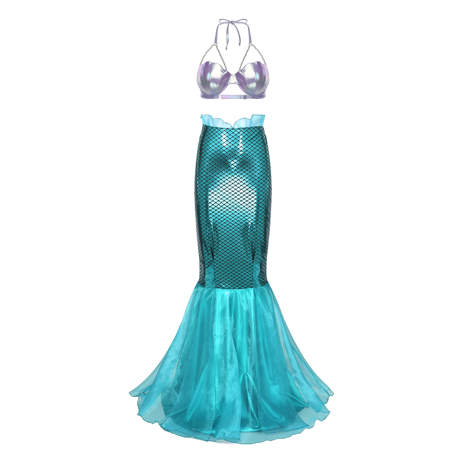 

Women Fish Scale Mermaid Cosplay Costume Shell-shaped Cups Bra And Fish Scale Print Maxi Skirt for Halloween Party Cosplay Wear
