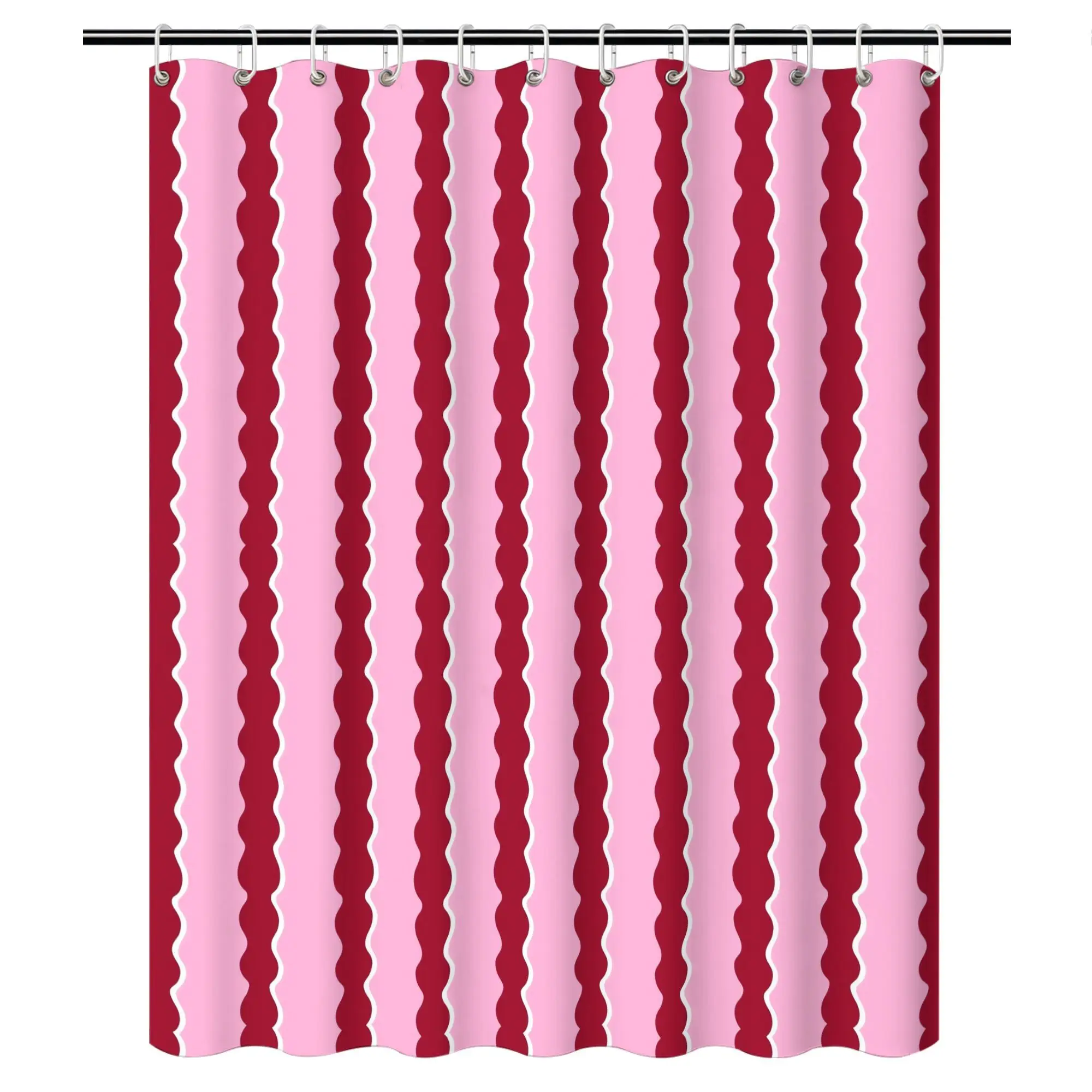 Pink & Burgundy Wavy Stripe Shower Curtain – Squiggly Lines, Polyester, 12 Grommets, Water-Resistant 180x180cm71x71in