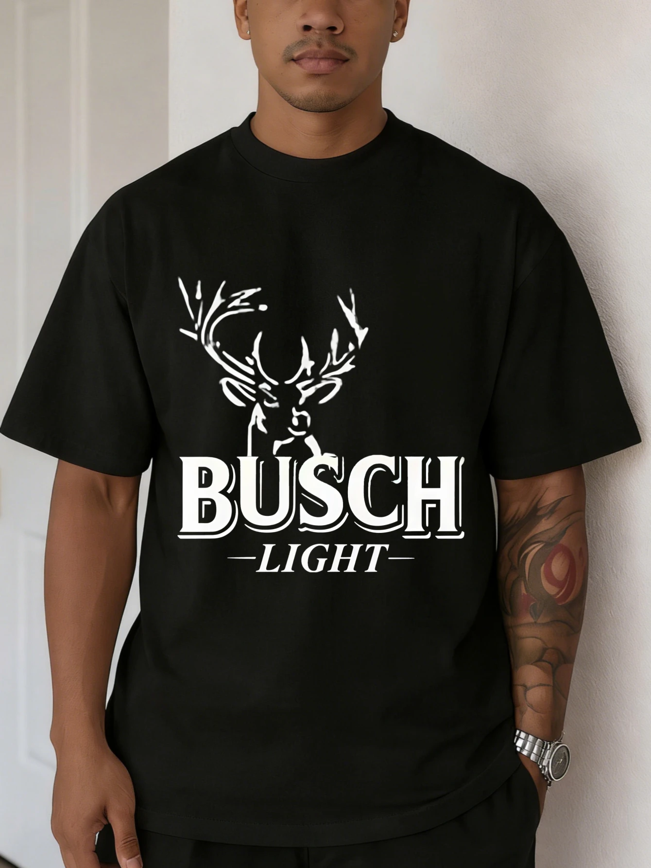 

Men's Streetwear Outdoor Busch Light Deer Printed Cotton Short Sleeve T-Shirt Casual Summer Gift for Him