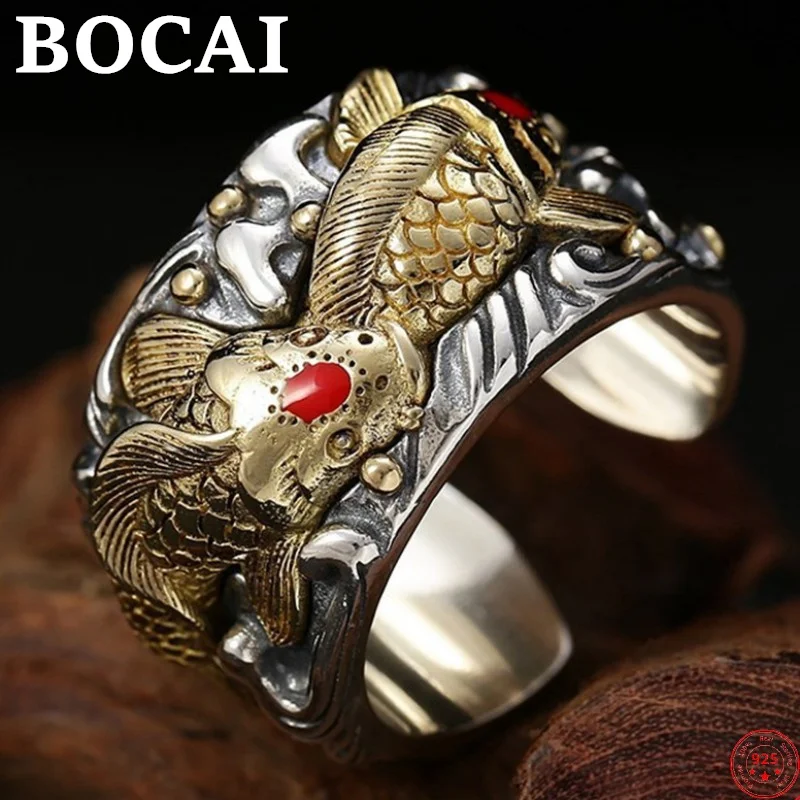 BOCAI S925 Sterling Silver Charms Rings for Men Retro 3D Carving Koi Carp Totem Pure Argentum Punk Fashion Jewelry Wholesalw