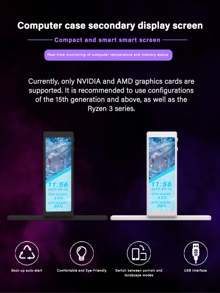 

4,58-дюймовый IPS-экран для вторичного дисплея в корпусе ПК, USB-монитор для отображения данных процессора/графического процессора в реальном времени, поддержка подключения через USB.