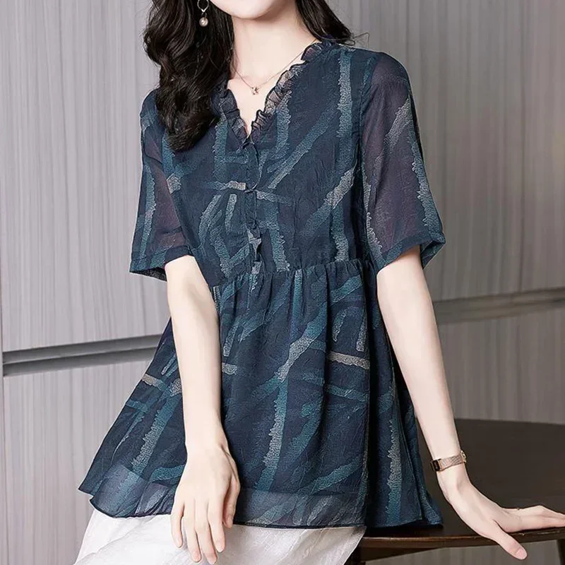 

Elegant Fashion Printing Button Patchwork Chiffon Shirt Summer 2023 V-Neck Short Sleeve Loose Pullovers Blouse Women's Clothing