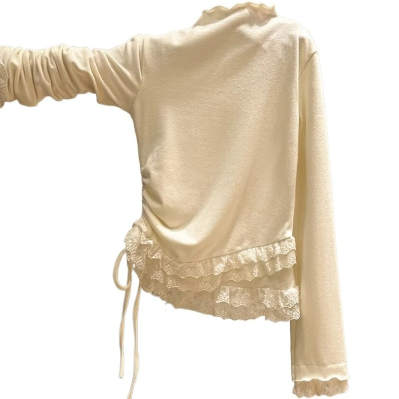 

Sweet Girl Temperament Lace Wooden Ear Lace Half-neck Pure Color Long Sleeve T-shirt in Autumn and Winter with Standing Collar
