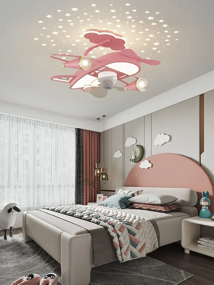 Children'sRoom Fan Chandelier Nordic Creative Airplane Full Spectrum Eye Protection Light Boys Room Invisible Silent Ceiling Fan