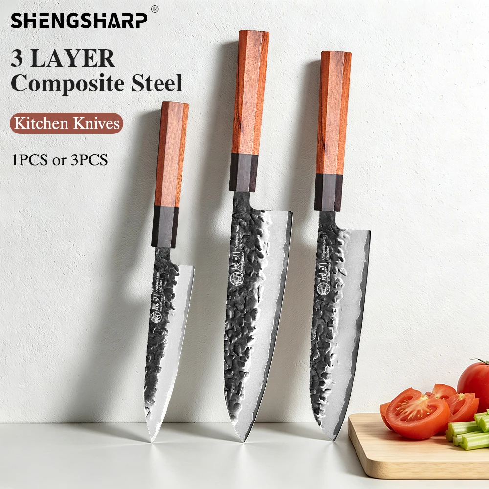 SHENGSHARP 1PC-3PCS Kitchen Knives Set Utility Santoku Cleaver Slicer Knife Japanese Composite Steel Professional Chef Knife