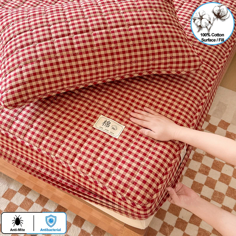 100% Cotton Quilted Mattress Cover, Anti‑Mite & Antibacterial Fitted Bed Sheet, Soft Breathable Plaid Mattress Protector