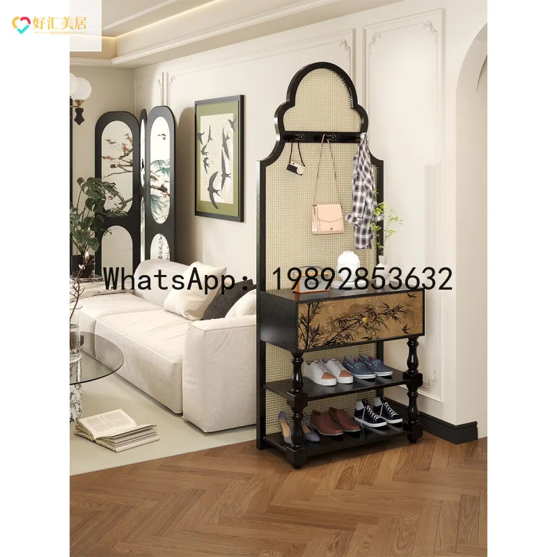 CZ Bedroom Partition Movable Screen Rattan Screen Divider Living Room Vintage Style Entryway Solid Wood Retro Shoe Cabinet