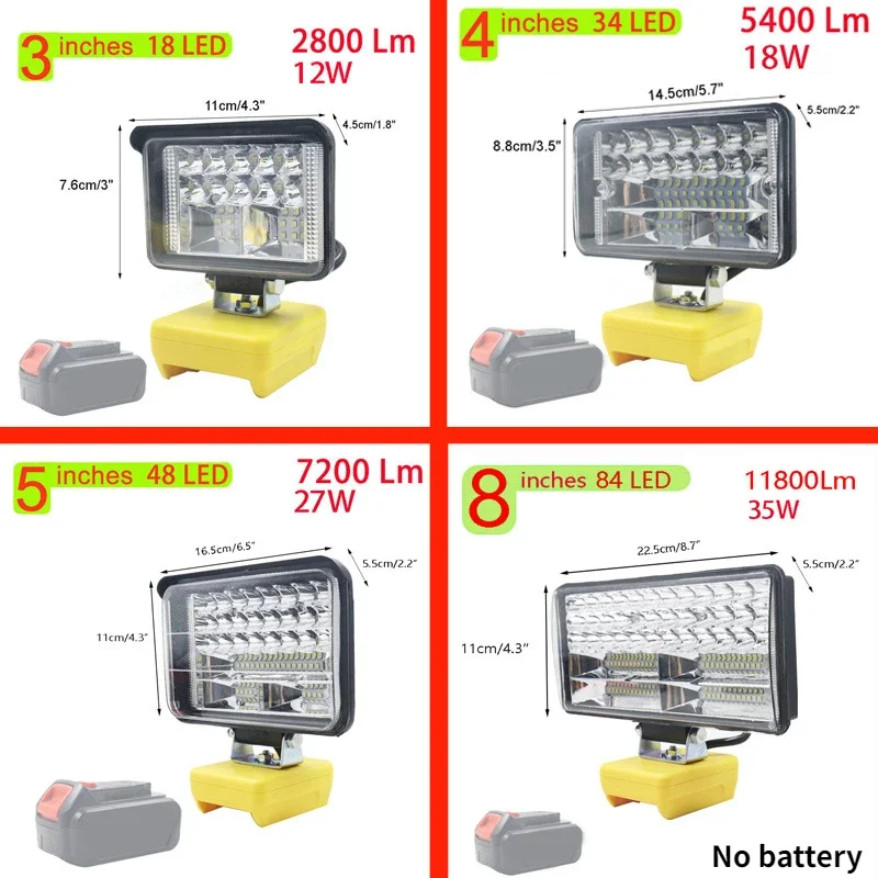 Work Lights For Dewalt  18V 20V 60V Li-ion Battery DCB200 DCB205 Car LED Flashlights Electric Torch Spotlight Outdoor Camping