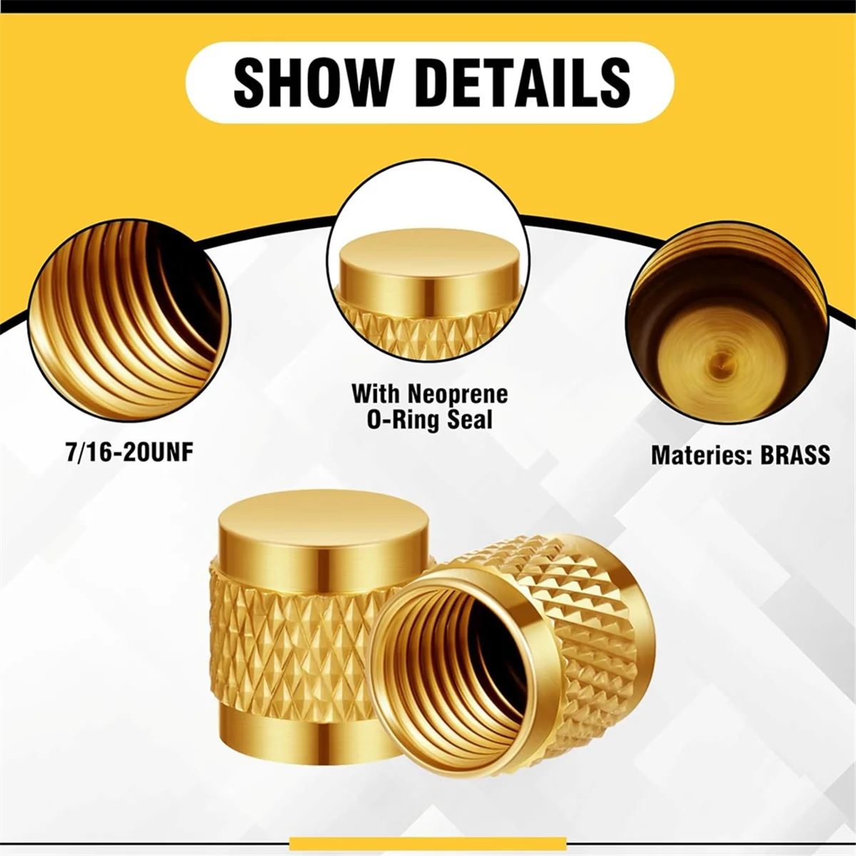 50 Pcs 1/4 Flare Cap, Round Brass with Neoprene O Ring Seal