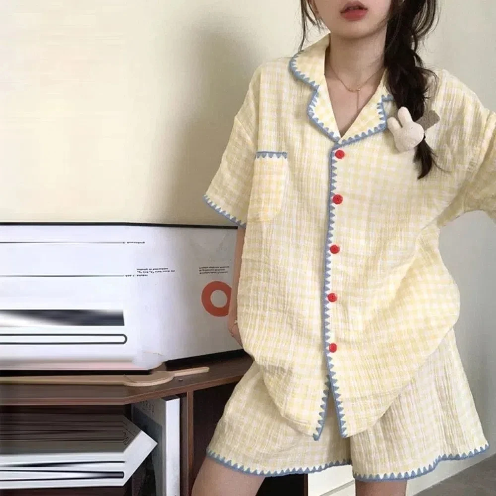 

Sweet Sweet Plaid Pajamas Set Summer Thin Loose 2 Piece Nightwear Lattice Home Wear Shorts Sleepwear Suit Indoor Outdoor