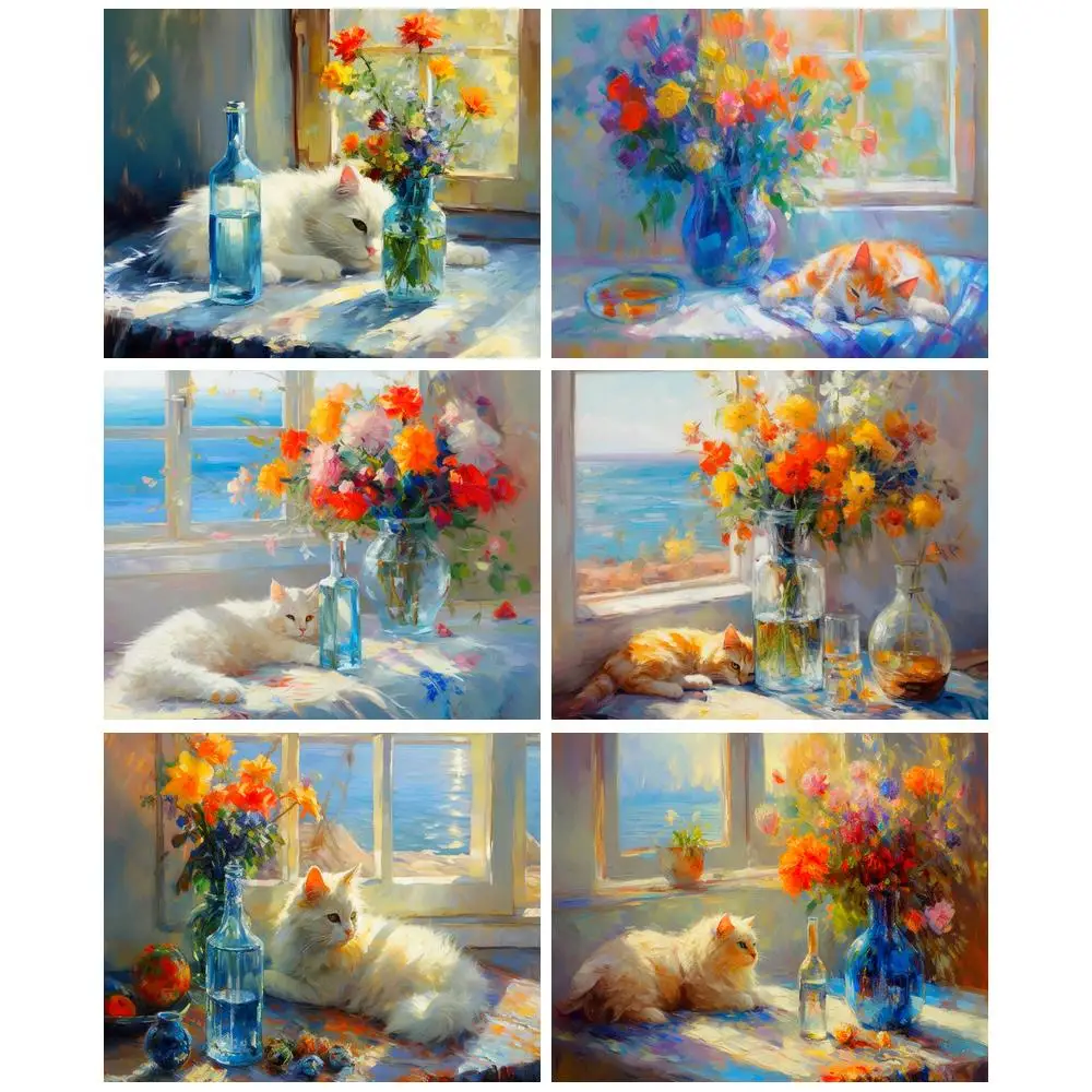 

GATYZTORY Oil Painting By Numbers For Adults Flowers Cat Handpainted On Canvas Paint Kit Drawing Number Painting Home Decor Gift