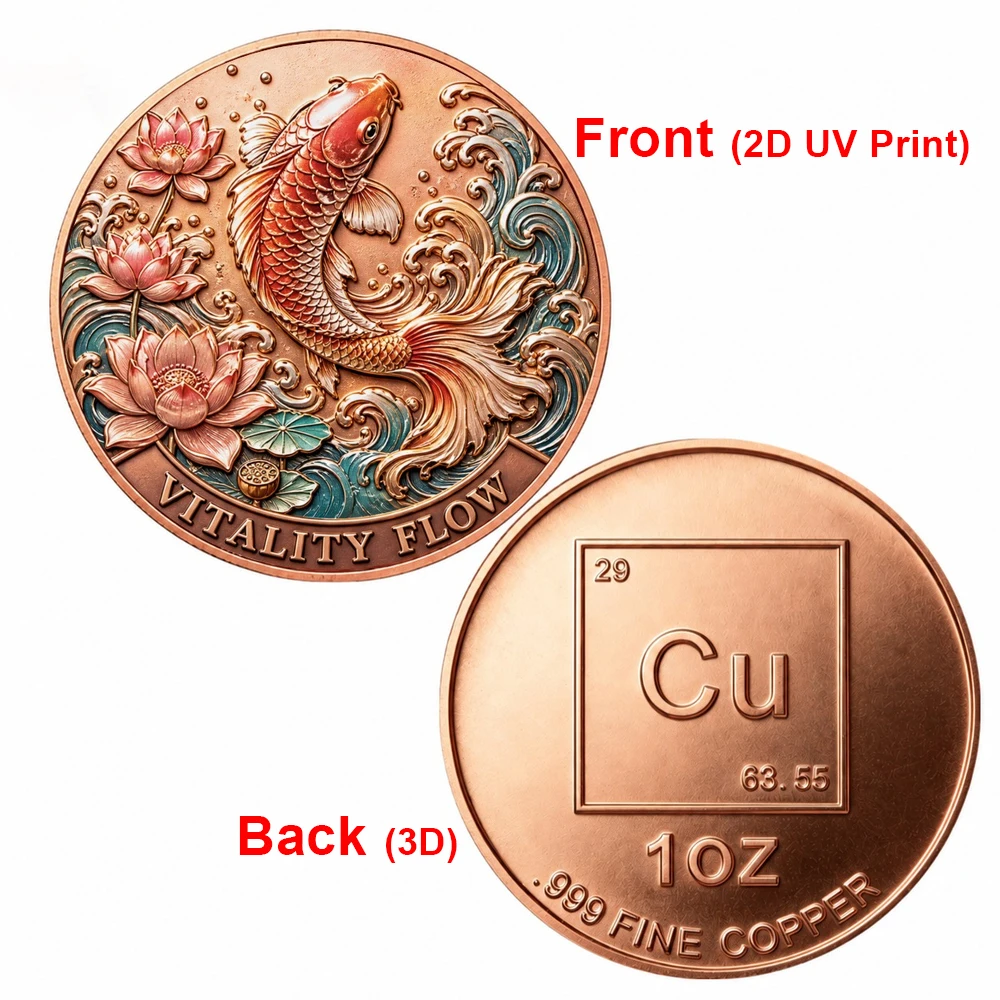 1pc 1oz .999 Fine CopperLucky Koi Fish Challenge Coin 2D Print Oriental Fortune Wild Animal Commemorative Medal Good Luck Gifts