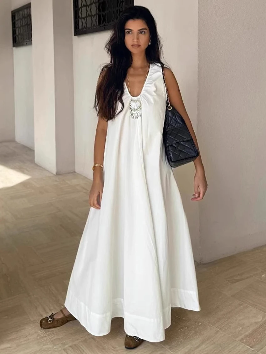 Parc Fee-vestido blanco holgado para mujer, vestido Sexy hasta el tobillo sin mangas con cuello en V, elegante, clásico, liso, para verano 2025