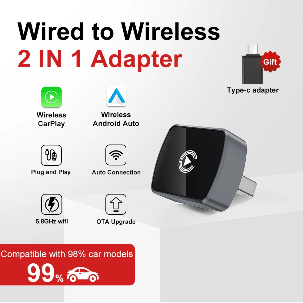 Original FLIXIVI 2in1 Car Play Wireless CarPlay Android Auto Adapter USB Dongle Mini Box Plug and Play Wireless CarPlay for Cars