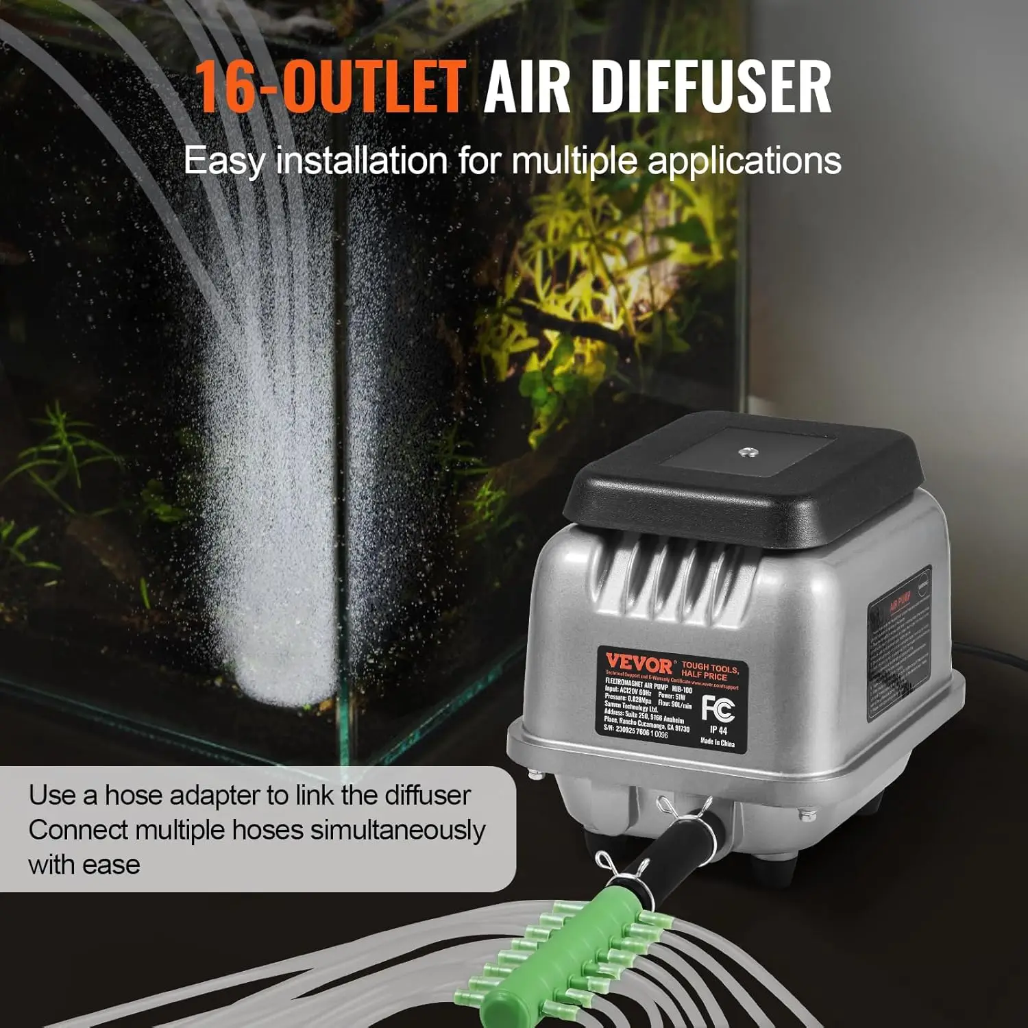 Linear Air Pump, 109L/Min Air Flow Septic Aerator Pump, Aeration System for 1/2 Acre 10 FT Deep Ponds, Water Gardens