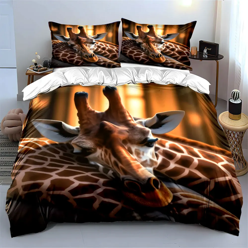 Cute Sleeping Giraffe Animal Bedding Set 3pcs, Realistic Wildlife Giraffe Print Duvet Cover For Kids Bedroom, Great gift