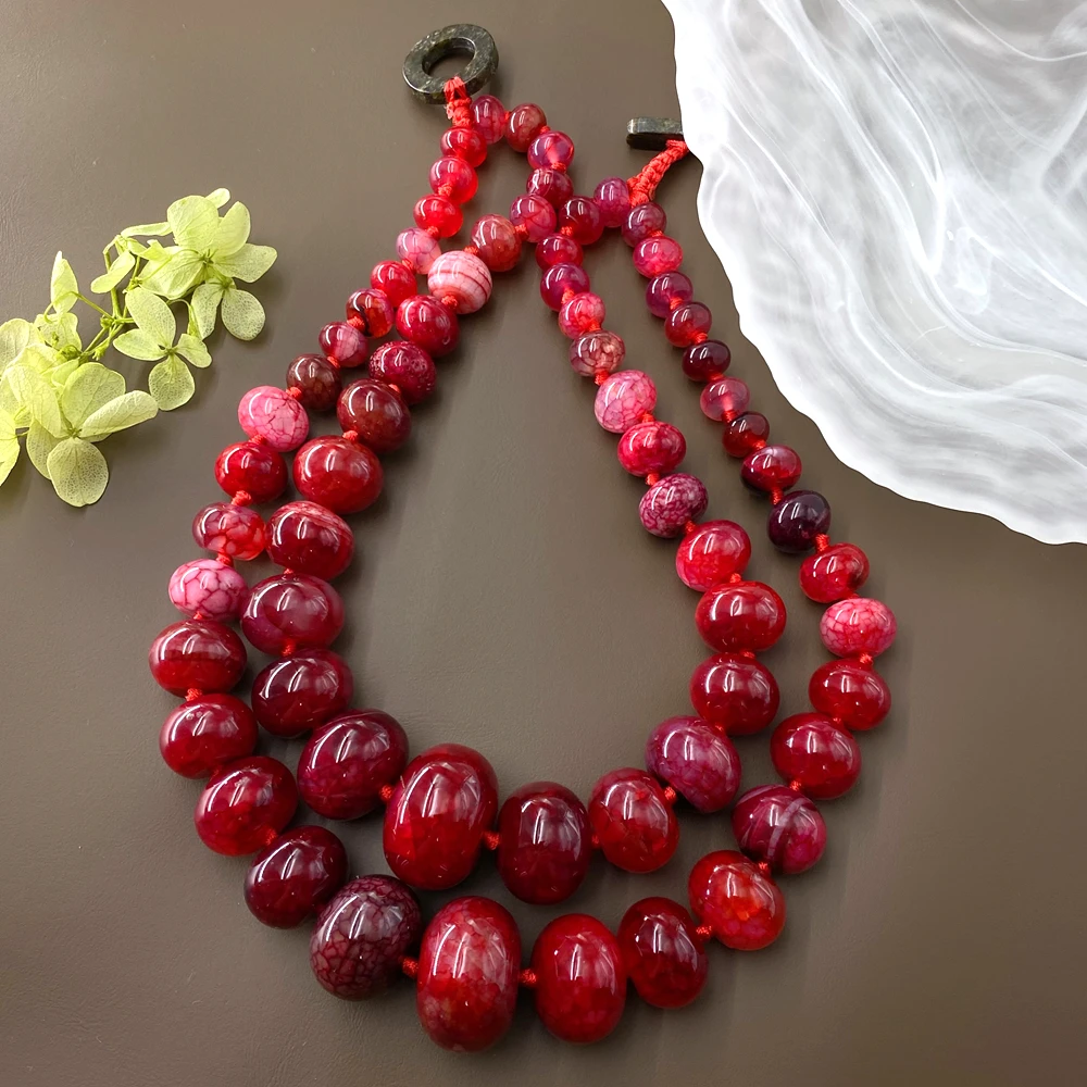 yygem 2 rows 8-20mm red fire agate rondelle Necklace Crackle Abacus Bead Hand Knotted Statement Necklace Unique Gift