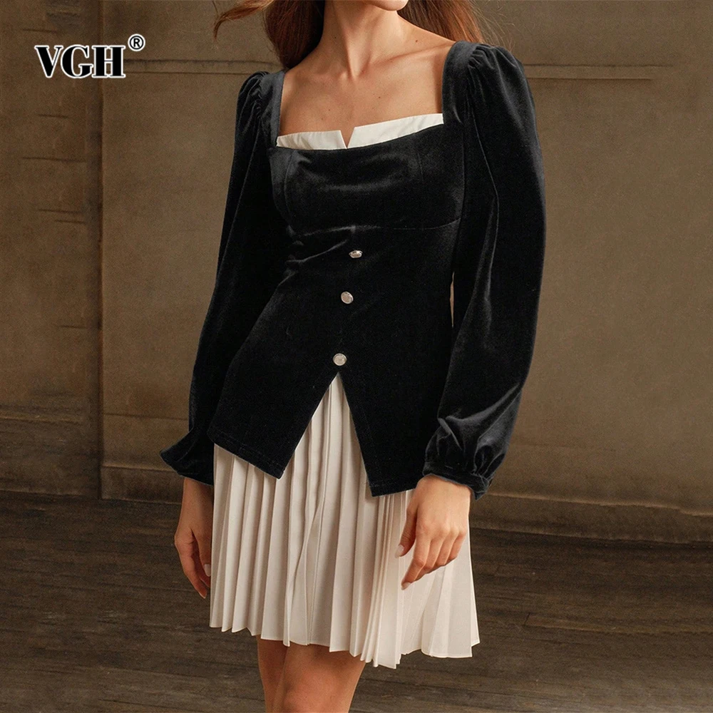 

VGH French Style Vintage Hit Color Dresses For Women Square Collar Long Sleeve High Waist Temperament Dress Female Fashion New