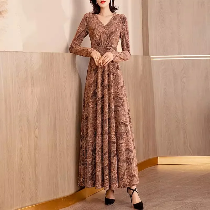 MHDT-100#2024 Winter Autumn Grand Swing Dress for Women Long to Ankle High end V-neck Waist and Slimming Evening Dress Wholesale