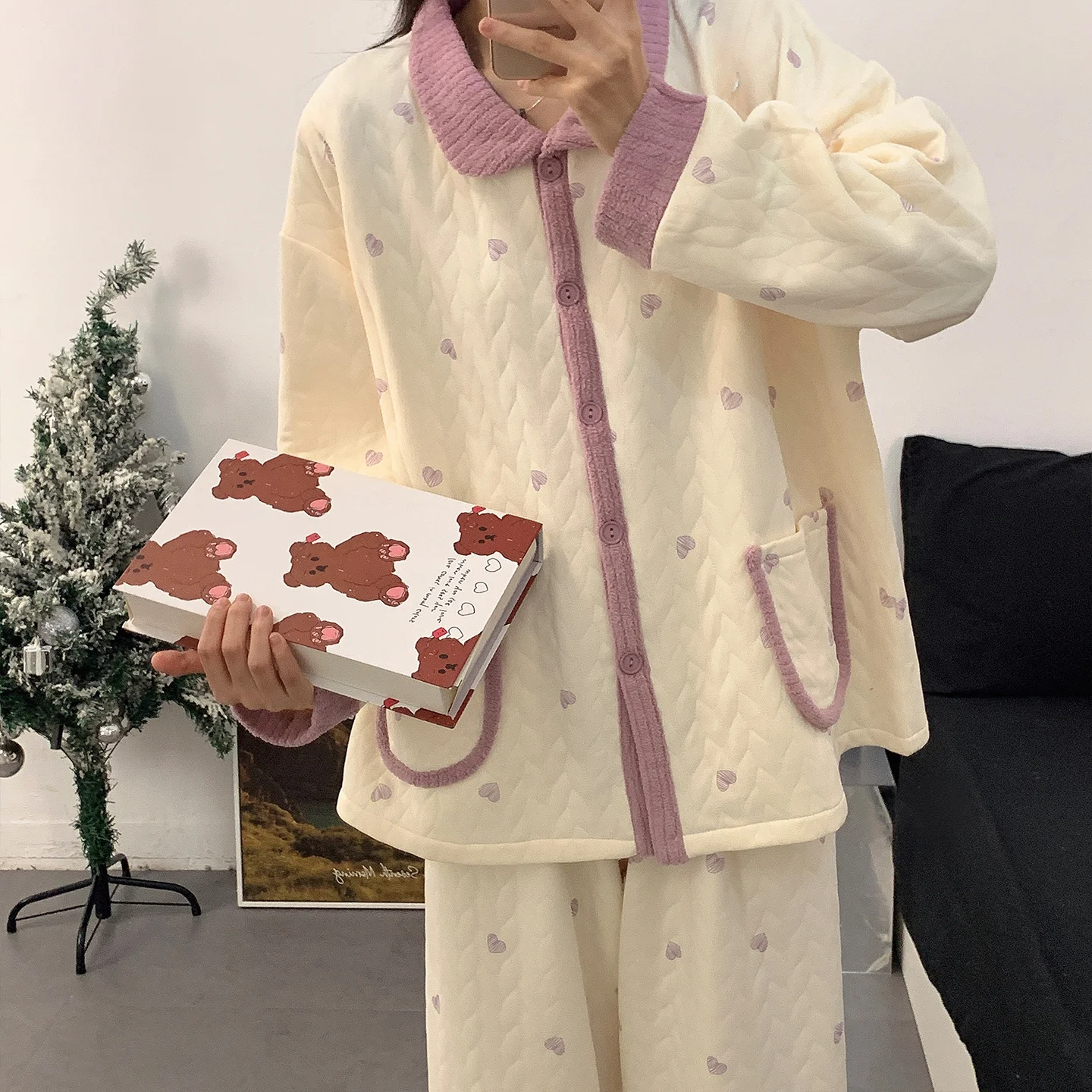 

Pajama Sets Easter Women Linen Loose Night Set Femme Teen Thermal Suit Button Front Long Pants Winter Cozy Homewear Loungewear