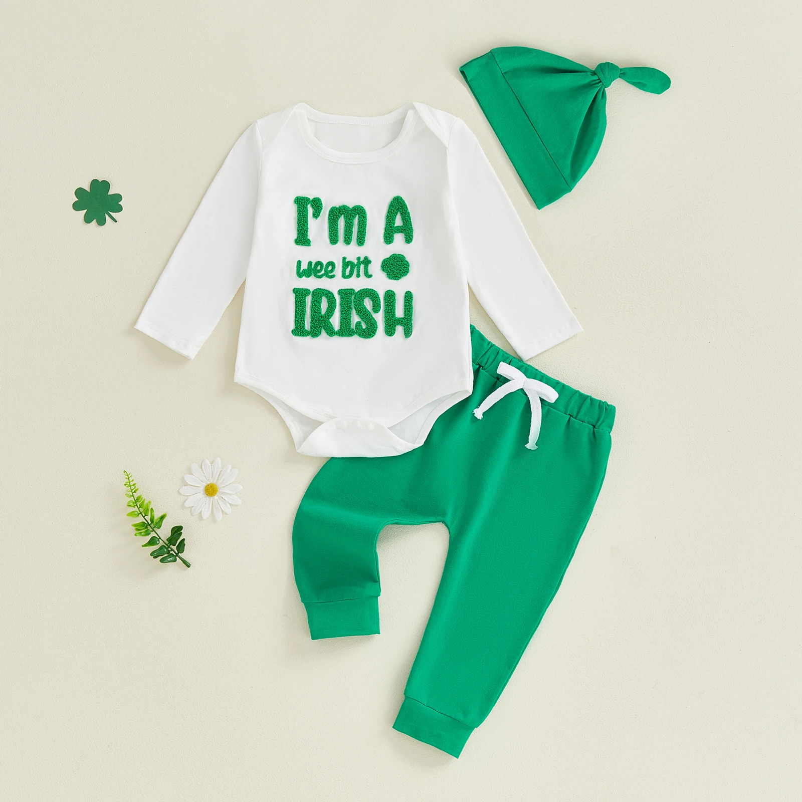 

Осенний комбинезон из трех предметов для маленьких мальчиков, комбинезон с длинными рукавами и вышивкой букв трилистника, зеленые штаны и шляпа в тон