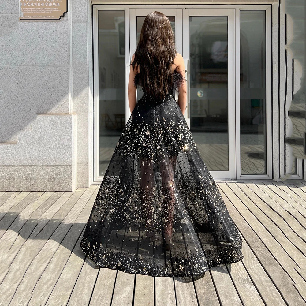 Black Luxury Feathers Long Evening Party Gown Strapless Sleeveless Backless Tulle Cocktai Formal Party Weeding Guest Dresses