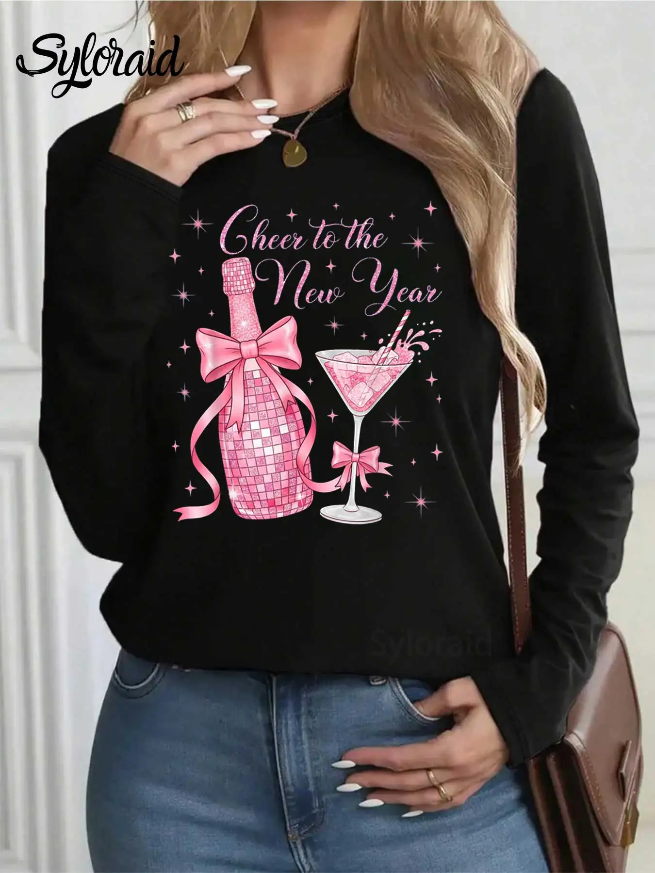 Damska koszulka z długim rękawem, różowa, z nadrukiem: \\\\\\\"Cheers to a New Year\\\\\\\", modna koszulka z okrągłym dekoltem, codzienna bluzka.